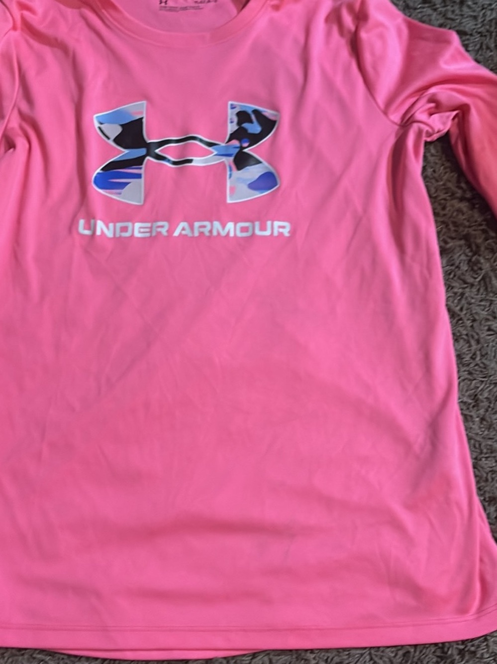 Under Armour Pink Long Sleeve Tee with Blue Camo Logo